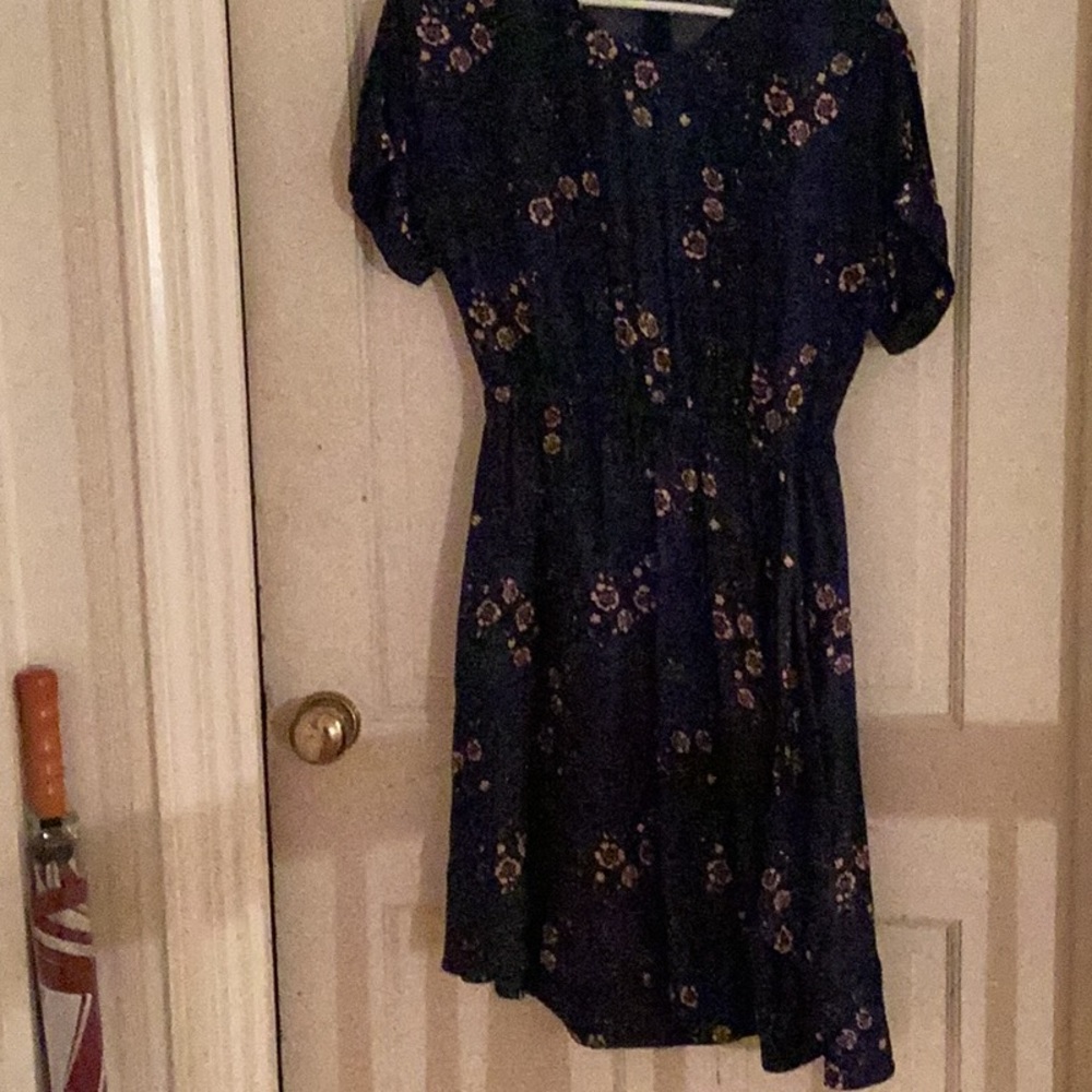 KENZO flattering navy with pink flowers capped short sleeved tie-waist dress